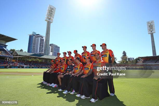 Mitchell Johnson of the Scorchers looks to the camera as the Scorchersset up for a team photo before the Big Bash League match between the Perth...