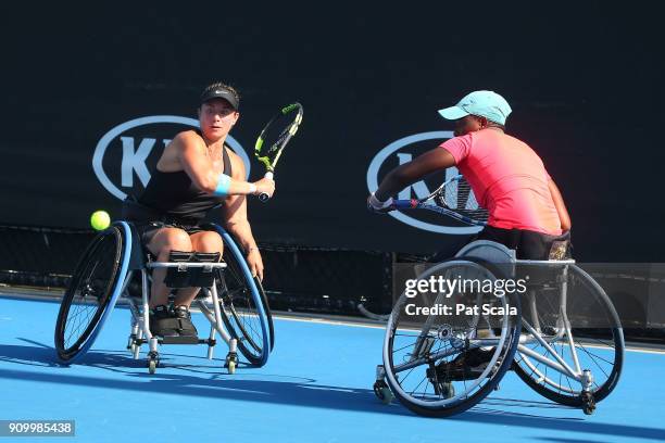 Lucy Shuker of Great Britain and Kgothatso Montjane of South Africa compete in the Women's Wheelchair Doubles semi-final match against Buis Marjolein...