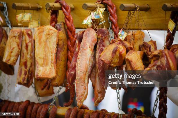 Berlin, Germany Smoked Ham are lying in a box on January 22, 2018 in Berlin, Germany.