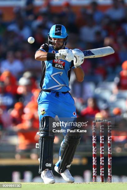 Jake Weatherald of the Strikers bats during the Big Bash League match between the Perth Scorchers and the Adelaide Strikers at WACA on January 25,...