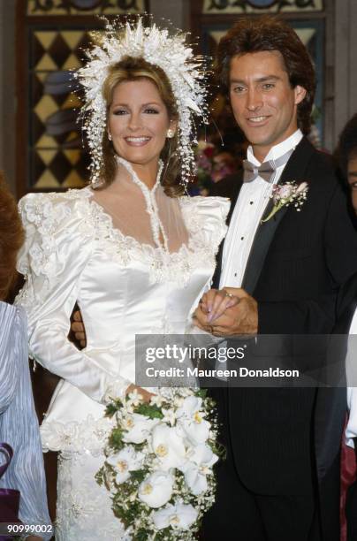 American actress Deidre Hall stars with Drake Hogestyn in a wedding scene from the US soap opera 'Days of Our Lives', circa 2005. Hall plays Dr....
