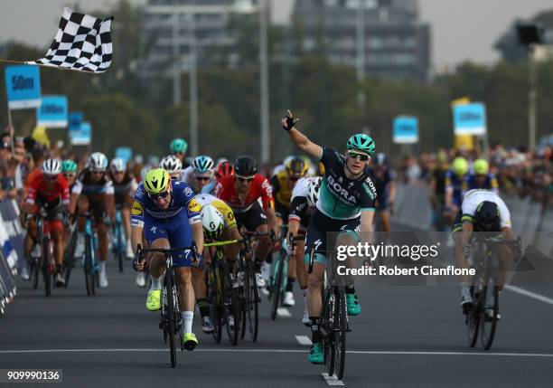 Sam Bennett of Ireland and Bora - Hansgrohe celebrates after winning the Men's event during the Towards Zero Race Melbourne on January 25, 2018 in...