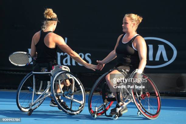 Aniek Van Koot of the Netherlands and Diede De Groot of the Netherlands compete in their Women's Wheelchair Doubles semi-final against Sabine...