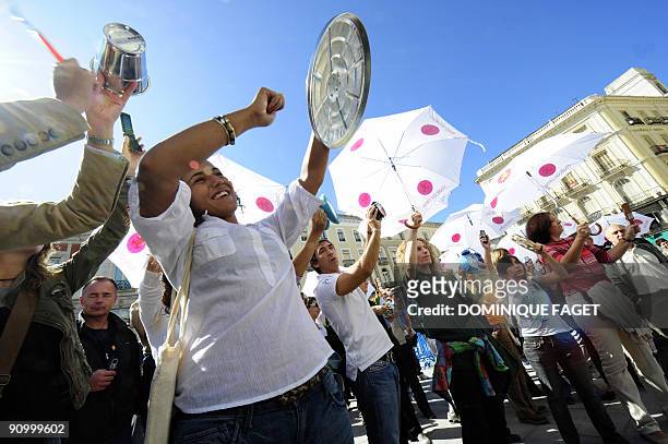 Environmental activists of Spanish movement "Coalicion Clima" demonstrate against global warming climate on September 21, 2009 in center of Madrid....