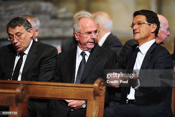 Former England managers Graham Taylor and Sven Goran Eriksson sit with the current England manager Fabio Capello before the Sir Bobby Robson Memorial...