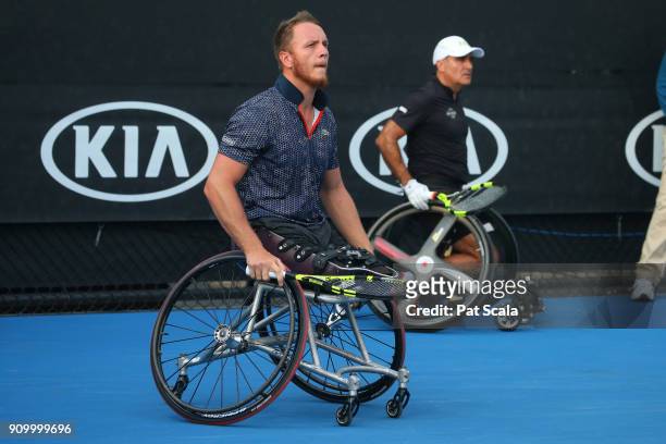Nicolas Peifer of France and Stephane Houdet of France compete in the Men's Wheelchair Doubles semi-final against Adam Kellerman of Australia and...