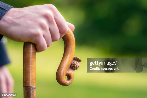 close-up on a man's traditional walking stick - wooden stick stock pictures, royalty-free photos & images