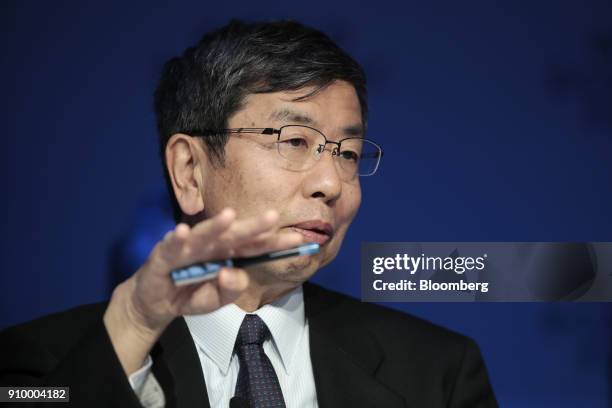 Takehiko Nakao, president of the Asian Development Bank , gestures as he speaks during a panel session on day three of the World Economic Forum in...