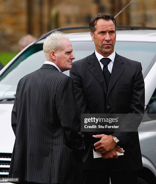 Former England footballers Paul Gascoigne and David Seaman look on after the Sir Bobby Robson Memorial Service at Durham Cathedral on September 21,...