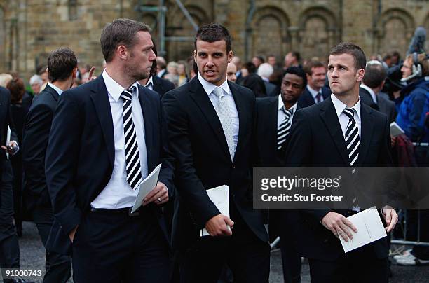 Newcastle United footballers Kevin Nolan, Steven Taylor and Ryan Taylor chat after the Sir Bobby Robson Memorial Service at Durham Cathedral on...