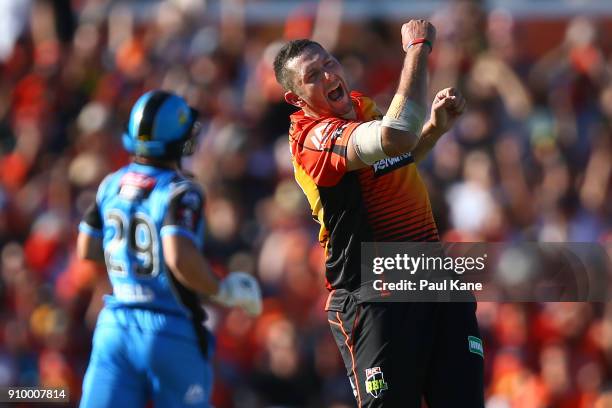 Tim Bresnan of the Scorchers celebrates the wicket of Jonathan Wells of the Strikers during the Big Bash League match between the Perth Scorchers and...