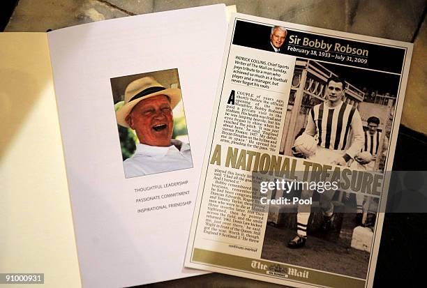 The order of service for the Sir Bobby Robson Memorial Service at Durham Cathedral on September 21, 2009 in Durham, England. Thousands of football...