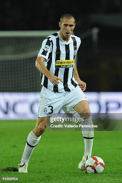 Giorgio Chiellini of Juventus FC in action during the Serie A match between Juventus FC and AS Livorno at Olimpico Stadium on September 19, 2009 in...
