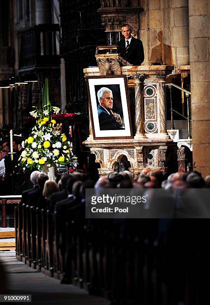 Gary Lineker speaks during the Sir Bobby Robson Memorial Service at Durham Cathedral on September 21, 2009 in Durham, England. Thousands of football...