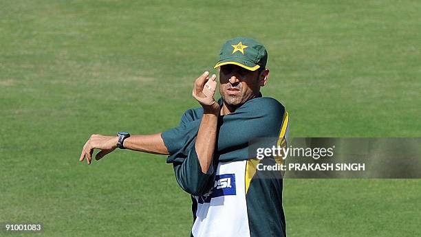 Pakistan cricket captain Younus Khan warms up prior to training session at Wanderers in Johannesburg on September 21, 2009. The first match of the...