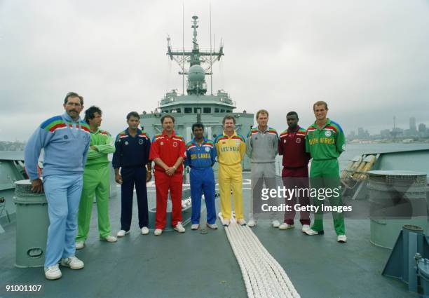 The nine captains on board a ship during the opening ceremony of the 1992 Cricket World Cup, Sydney, Australia, February 1992. Left to right: Graham...