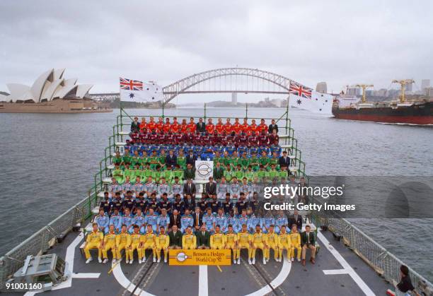 The nine competing teams on board a ship during the opening ceremony of the 1992 Cricket World Cup, Sydney, Australia, February 1992. From front to...