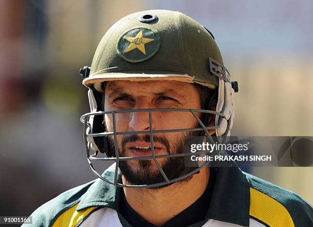 Pakistan's cricketer Shahid Afridi looks on during a training session at Wanderers in Johannesburg on September 21, 2009 on the eve of the first...