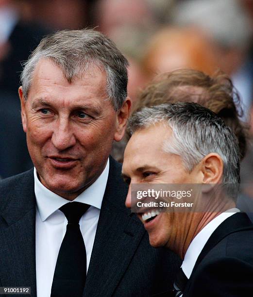 Former England footballers Terry Butcher and Gary Lineker share a joke after the Sir Bobby Robson Memorial Service at Durham Cathedral on September...