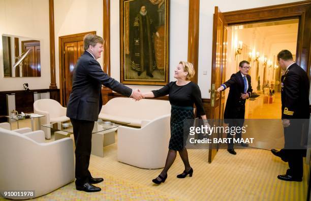 King Willem-Alexander receives Dutch Minister of Defense Ank Bijleveld to get acquainted at the Royal Palace Noordeinde in The Hague on January 25,...