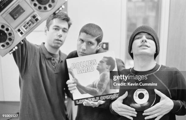 American hip-hop group the Beastie Boys reviewing the latest releases, 1992. Left to right: Michael 'Mike D' Diamond, Adam Ad-Rock' Horovitz and Adam...
