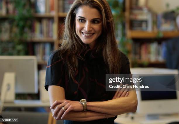 Queen Rania of Jordan smiles in a classroom at the Young Women's Leadership School in East Harlem neighborhood of Manhattan September 21, 2009 in New...