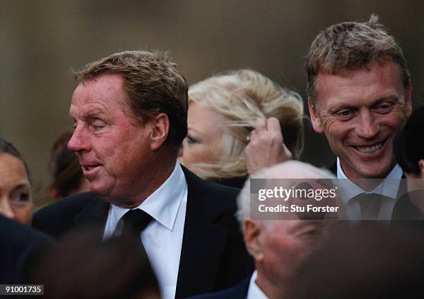 Managers Harry Redknapp and David Moyes share a joke after the Sir Bobby Robson Memorial Service at Durham Cathedral on September 21, 2009 in Durham,...