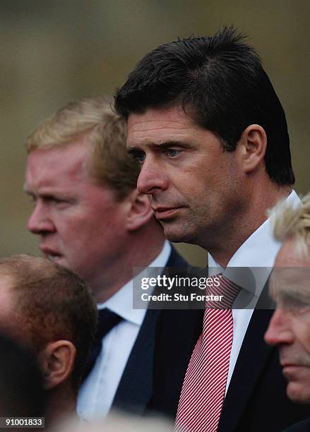 Former Republic of Ireland players Steve Staunton and Niall Quinn look on after the Sir Bobby Robson Memorial Service at Durham Cathedral on...