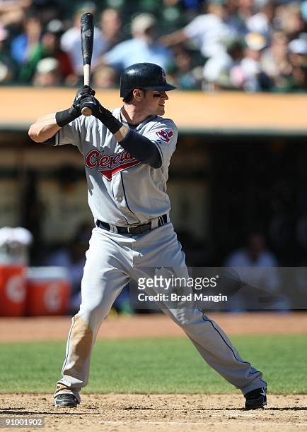 Matt LaPorta of the Cleveland Indians bats against the Oakland Athletics during the game at the Oakland-Alameda County Coliseum on September 19, 2009...