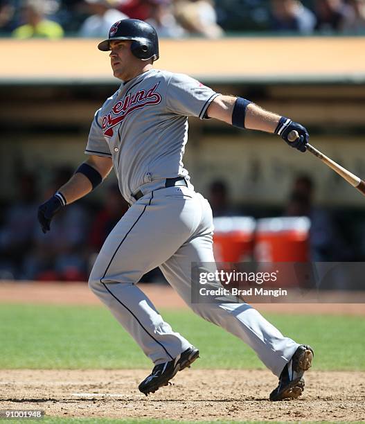 Kelly Shoppach of the Cleveland Indians bats against the Oakland Athletics during the game at the Oakland-Alameda County Coliseum on September 19,...