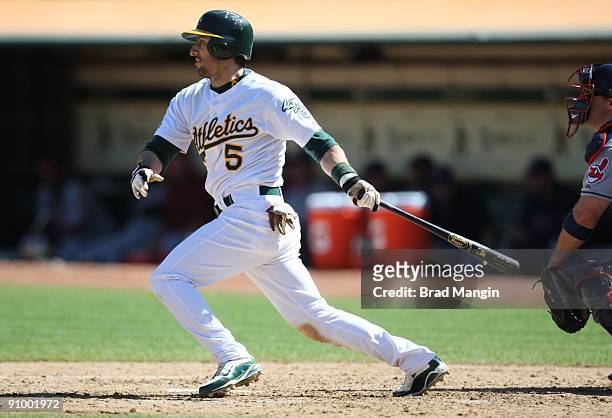 Nomar Garciaparra of the Oakland Athletics bats against the Cleveland Indians during the game at the Oakland-Alameda County Coliseum on September 19,...