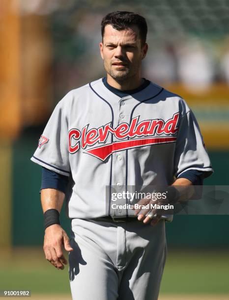Jamey Carroll of the Cleveland Indians stands on the field against the Oakland Athletics during the game at the Oakland-Alameda County Coliseum on...