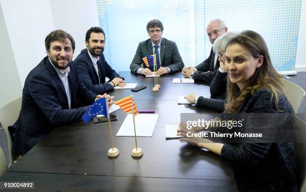 From Left: Former Health minister Antoni Comin, speaker of the region's parliament Roger Torrent, ousted Catalan leader Carles Puigdemont, former...