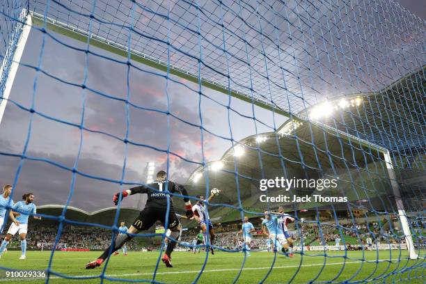 Nikolai Topor-Stanley of the Jets looks to score during the round 18 A-League match between Melbourne City FC and the Newcastle Jets at AAMI Park on...