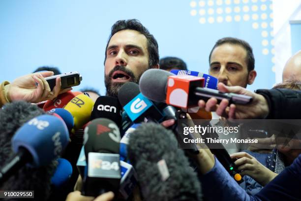 The President of the Parliament of Catalonia Roger Torrent addresses the media after a meeting with ousted Catalan leader on January 24, 2018 in...