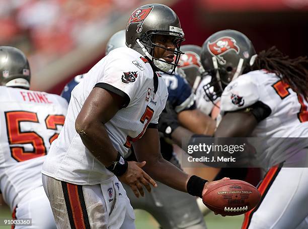 Quarterback Byron Leftwich of the Tampa Bay Buccaneers hands the ball off against the Dallas Cowboys during the game at Raymond James Stadium on...