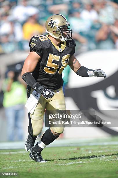 Scott Shanle of the New Orleans Saints defends against the Philadelphia Eagles at Lincoln Financial Field in Philadelphia, Pennsylvania on September...