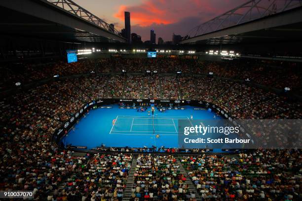 General view of Rod Laver Arena at sunset during the semi-final match between Marin Cilic of Croatia and Kyle Edmund of Great Britain on day 11 of...