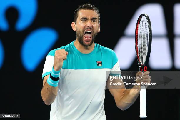 Marin Cilic of Croatia celebrates winning the second set in his semi-final match against Kyle Edmund of Great Britain on day 11 of the 2018...