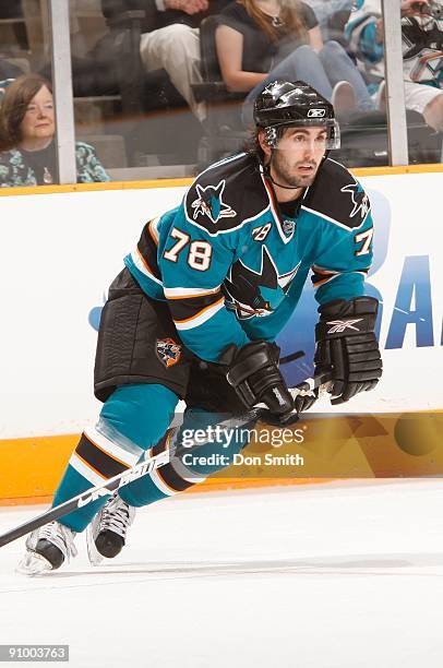 Benn Ferriero of the San Jose Sharks skates towards the action during an NHL Preseason game against the Vancouver Canucks on September 18, 2009 at HP...