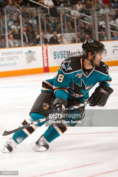 Benn Ferriero of the San Jose Sharks skates towards the action during an NHL Preseason game against the Vancouver Canucks on September 18, 2009 at HP...
