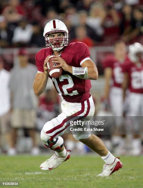 Andrew Luck of the Stanford Cardinal in action during their game against the San Jose State Spartans at Stanford Stadium on September 19, 2009 in...