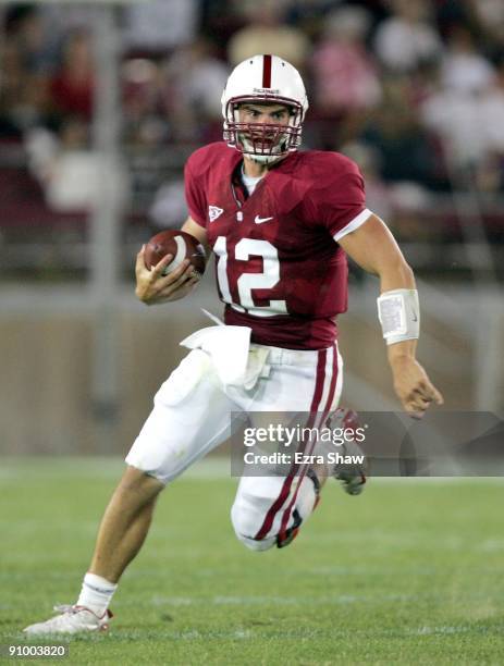 Andrew Luck of the Stanford Cardinal in action during their game against the San Jose State Spartans at Stanford Stadium on September 19, 2009 in...