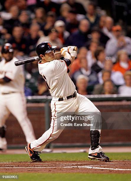 Freddy Sanchez of the San Francisco Giants bats against the Colorado Rockies during their game at AT&T Park on September 16, 2009 in San Francisco,...