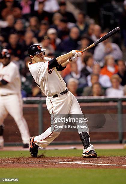 Freddy Sanchez of the San Francisco Giants bats against the Colorado Rockies during their game at AT&T Park on September 16, 2009 in San Francisco,...