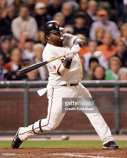 Pablo Sandoval of the San Francisco Giants bats against the Colorado Rockies during their game at AT&T Park on September 16, 2009 in San Francisco,...