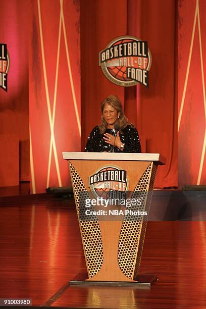 Vivian Stringer does her speech during the Basketball Hall of Fame Class of 2009 Induction Ceremony at the Symphony Hall on September 11, 2009 in...