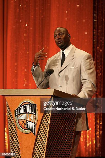 Michael Jordan speaks during the Basketball Hall of Fame Class of 2009 Induction Ceremony at the Symphony Hall on September 11, 2009 in Springfield,...