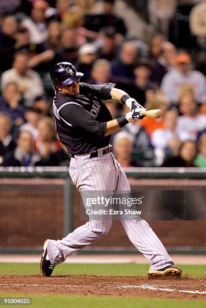 Troy Tulowitzki of the Colorado Rockies pitches against the San Francisco Giants during their game at AT&T Park on September 16, 2009 in San...