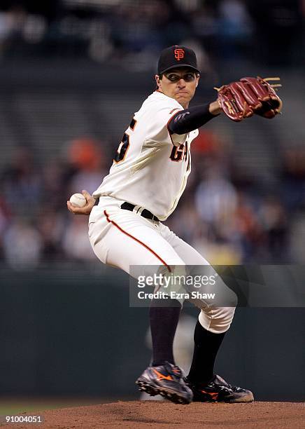 Barry Zito of the San Francisco Giants pitches against the Colorado Rockies during their game at AT&T Park on September 15, 2009 in San Francisco,...